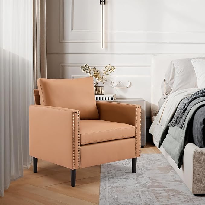 MOJAY Modern Accent Chairs Mid-Century PU Leather Armchair Living Room Chair for Bedroom Upholstered Comfy Sofa Chair with Wood Legs for Apartment Reading Room (Brown)