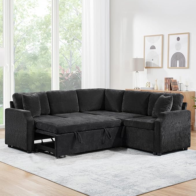 81.9 Sectional Sofa Bed L-Shaped Sectional with a Hidden Storage Compartment Versatile Pull-Out Sofa Bed with Cozy Throw Pillows for Living Room Apartments Offices (Black-04e)