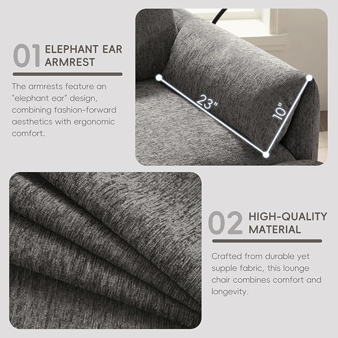 Oversized Accent Chair with Ottoman Chaise Lounge Chair with Phone Holder USB Charger Side Pockets Chenille Reading Armchair for Living Room Bedroom Home Theater (Gray)