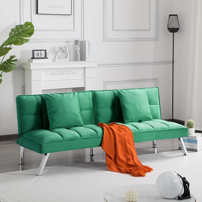 68 Modern Futon Sofa BedConvertible Sleeper Bed Couch with 4 Reclining Backrest with 2 PillowsComfy Velvet Cloud Sofa Loveseat for Living Room Bedroom Office (Green)