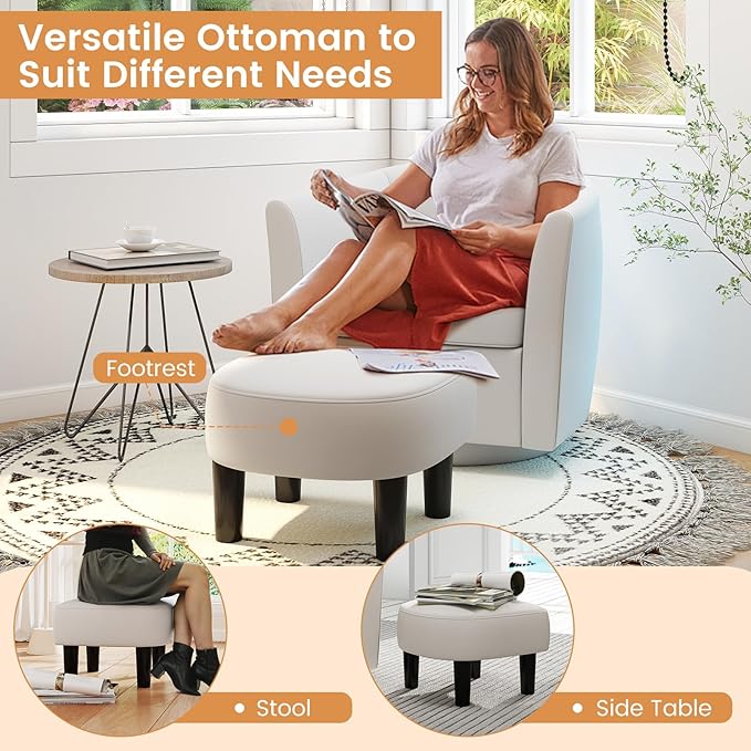 KOMFOTT Swivel Barrel Chair with Ottoman Upholstered Armchair with Footrest Removable Seat Cushion Linen Fabric Club Reading Sofa Chairs Modern Accent Chair for Living Room Bedroom Creamy