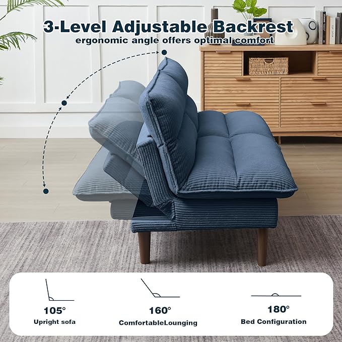 Futon Sofa Bed 72 Convertible Futon Couch with 3-Level Adjustble Backrest Modern Loveseat Couch Folding Recliner Sleeper Sofa for Small Spaces Living Room Apartment Guest Room Blue