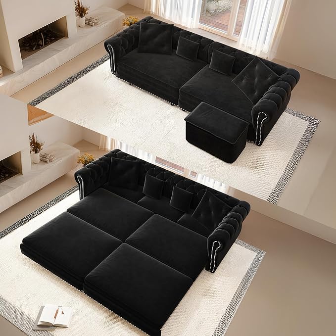 Oversized Sleeper Sofa Couch 89 Convertible Sleeper Sofa Bed for Living Room Bedroom Classic 3-in-1 Pullout Couch Bed with Movable Ottoman (Black with Ottoman)