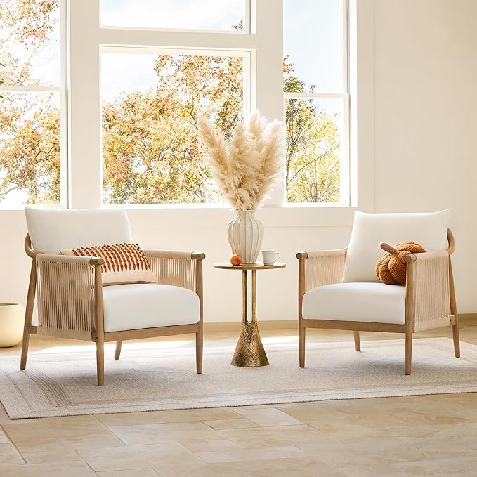 CHITA Braid Accent Chair Set of 2 Modern Armchair with Solid Wooden Armrest for Living Room and Bedroom Boho Reading Chair Cream