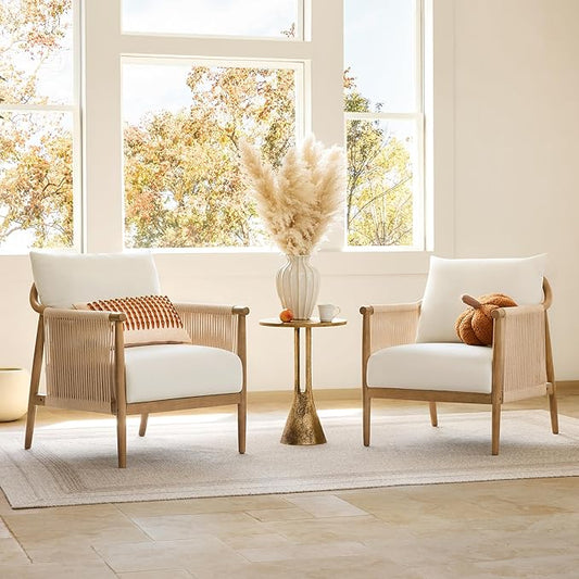 CHITA Braid Accent Chair Set of 2 Modern Armchair with Solid Wooden Armrest for Living Room and Bedroom Boho Reading Chair Cream