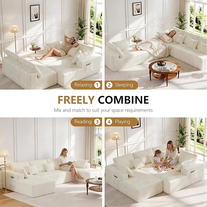 129 U Shape Sectional Sofa 6 Seat Memory Foam Cloud Couch No Assembly Required Oversized Chaise Modular Couches for Living Room Office Apartment - Left/Right Facing Chaise White