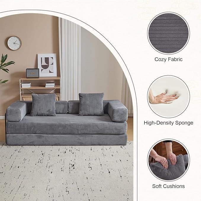 Folding Sofa Bed Modular Sectional Cloud Couch Convertible Sleeper Sofa Bed with Pillow Back Support Armrest for Living Room Bedroom Lounge No Assembly Required Corduroy (Dark Grey)