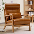INZOY Mid Century Modern Accent Chair with High Back PU Leather Reading Armchair with Waist Cushion Upholstered Wood Frame Living Room Chairs for Bedroom Sunroom Camel