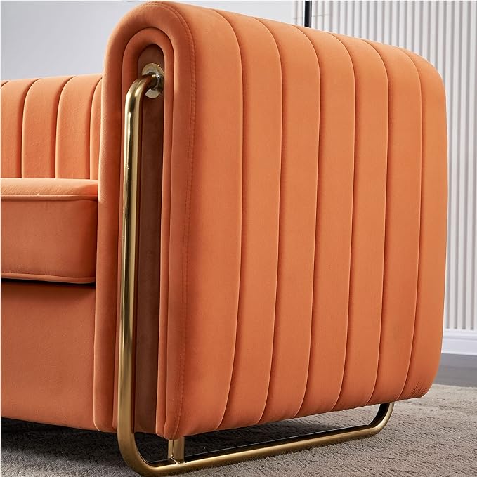 KEIKI 84 Velvet Deep Channel Tufted Sofa with Back Cushions and Rolled Arms Modern Style 3-Seater Couch with Golden Polished Steel Legs Easy Assembly for Living Room Bedroom Office Orange
