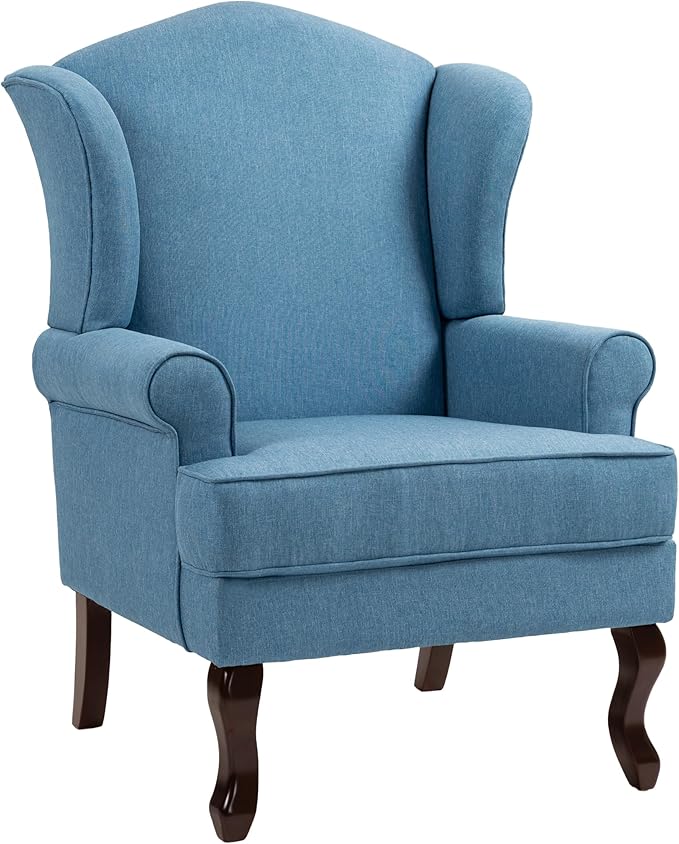UIXE High Back Accent Chair for Living Room Comfy Upholstered Armchair in Fabric with Retro Solid Wooden Legs Traditional Arm Chair Single Sofa Reading Seat - Sky Blue