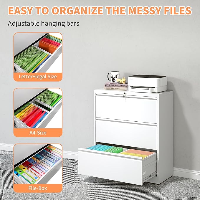 3 Drawer Small File Cabinet with Lock Locking Filing Cabinet for Home Office Under Desk Storage Cabinet Organizer with DrawersWhite