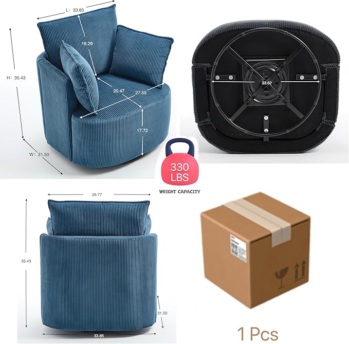 Swivel Accent ChairSwivel Barrel ChairBlue Swivel ChairUpholstered Living Room Chair Corduroy Reading Chair Single Sofa Chair for Bedroom Apartment Office(Modern Blue)