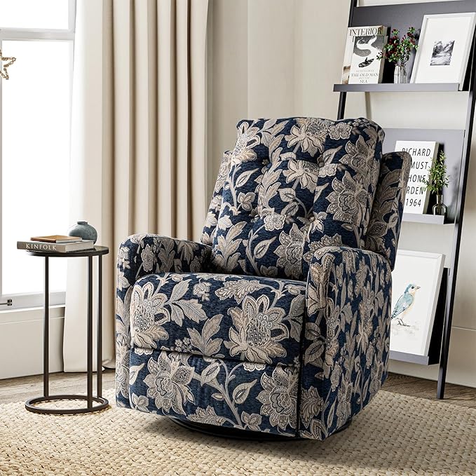 HULALA Home Recliner Chair Modern Printed Fabric for Living Room Wingback Rocker Recliner Sofa Comfy Armchair 360 Degree Swivel Nursery Rocking Chairs with Adjustable Backrest &amp Footrest/Navy