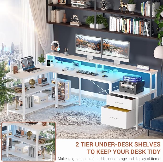 Aheaplus L Shaped Desk with File Drawer 66 Reversible L Shaped Computer Desk with Power Outlet &amp LED Strip Gaming Desk with Long Monitor Stand Office Desk Corner Desk with Storage Shelf White