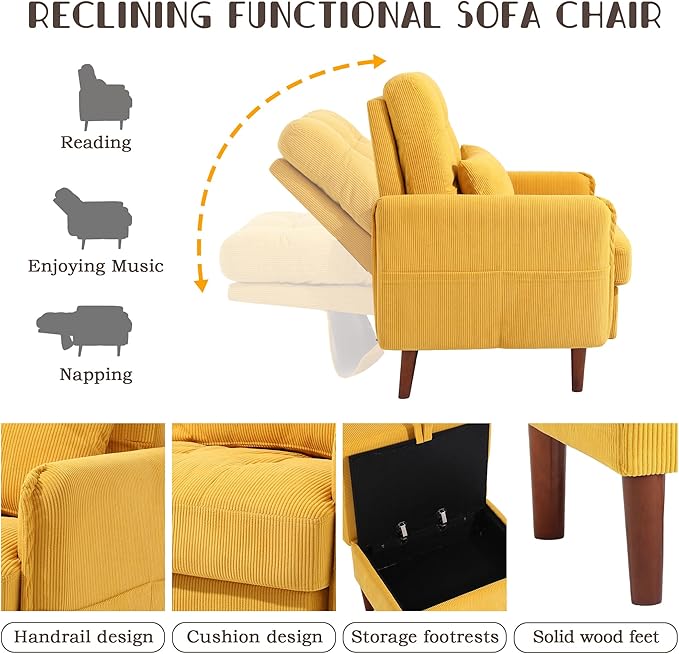 UIXE Accent Chairs with Storage Ottoman Corduroy Recliner Upholstered Armchair with Adjustable Backrest for Living Room Modern Sofa Bed Comfy Bedroom Reading Seat - Orange Set of 2