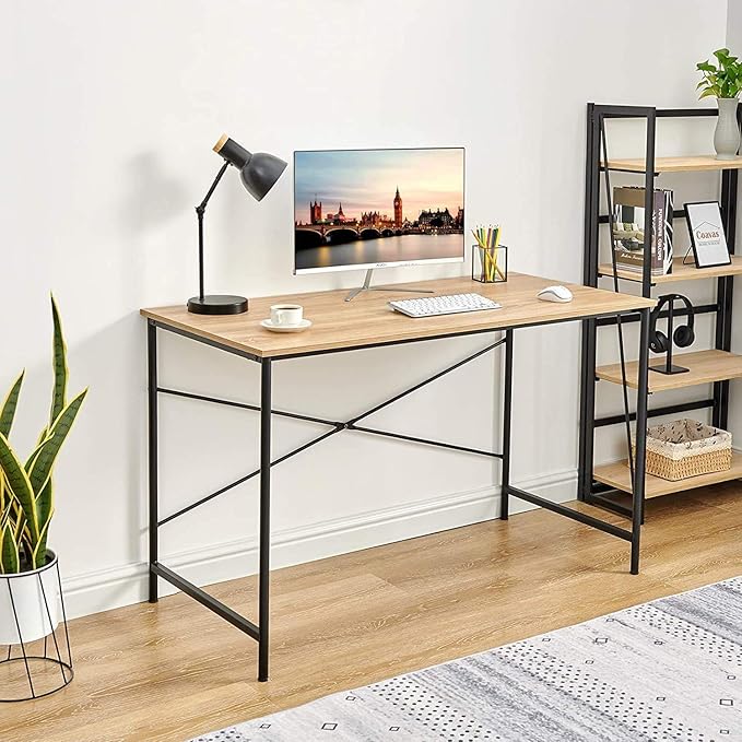 Coavas 47 inch Office Computer Desk Large Study Desk Simple Writing Table Workstation for Home Oak Tabletop with Black Frame