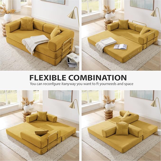 4-in-1 Folding Convertible Sofa Bed 78 Inch Boneless Couch with Fixed-Shape Frame Corduroy Loveseat Sleeper with Pull Out Bed Floor Sofa Modular Futon Couch for Living Room Bedroom Lounge (Yellow)