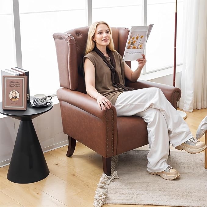 MOJAY Mid-Century PU Leather Accent Chair Living Room Lounge Sofa Chair with Buttons Single Club Armchair with Rivet Trim for Bedroom Home Reception (Brown)