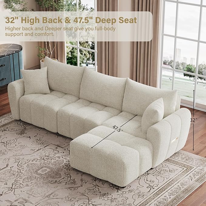 110 L Shaped Modern Boucle Sofa Modular Sectional Cloud Couch with Ottoman Tufted 4-Seat Deep Seat Sofa with Pillows for Living Room Bedroom and Apartment Beige White