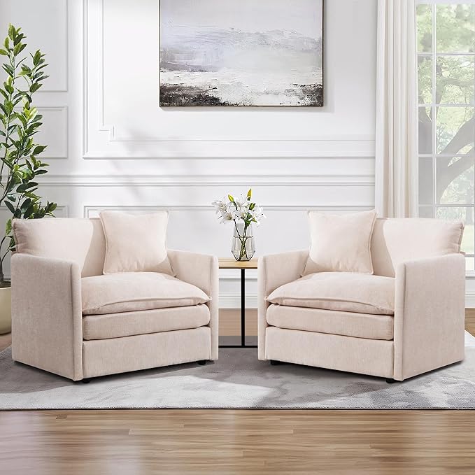 SLEERWAY Single Upholstered Oversized Chair Modern Comfy Living Room Chair Chenille Large Cloud Couch Accent Chair Lounge Chair Indoor and A Half for Bedroom Office Apartment Beige