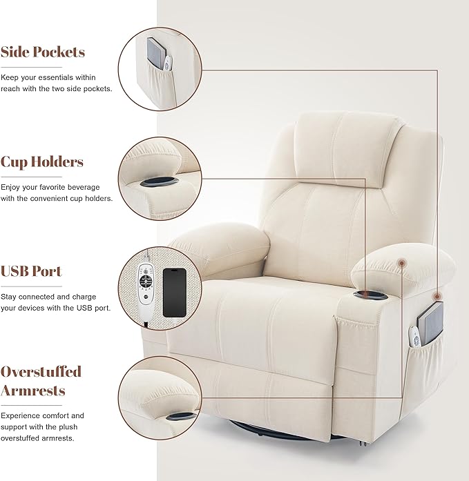 Oversized Swivel Rocker Recliner Chair with Heat and Massage 360 Degree Swivel Rocking Single Sofa with USB Port and Cup Holders Big Recliner Chair for Living Room (Fabric Light Beige)