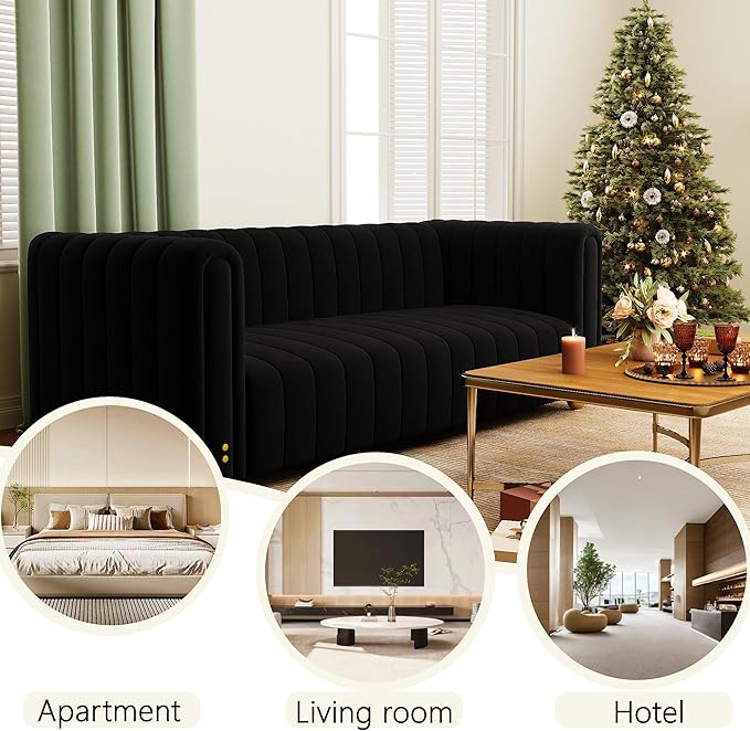 81 Black Velvet Couch for Living Room Large Modern Sofa Comfy Tufted Sofas Chesterfield Couches with Round Handrails and Metal Ball Legs Office Apartment Furniture