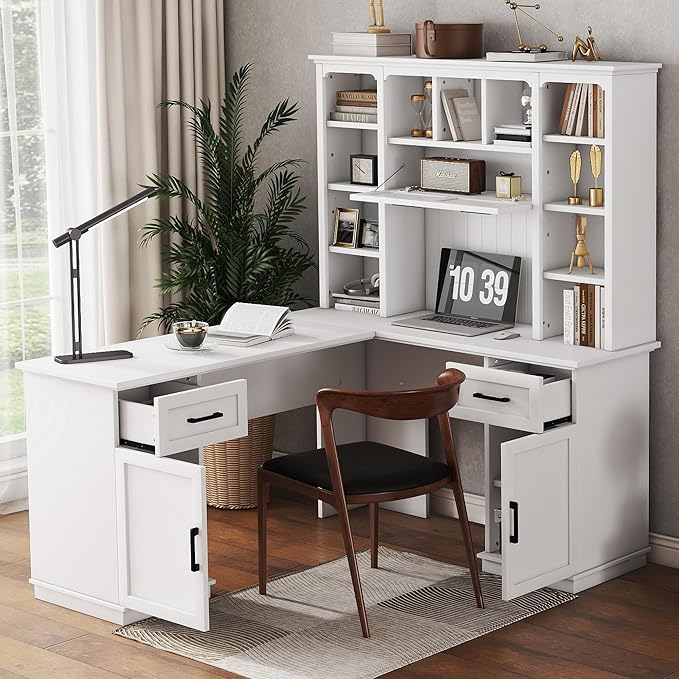 Multi-Function Wood Home Office Computer Desk with Storage Cabinets and Bookcases L-Shaped Executive Desk Writing Desk Study Workstation for Office Study Room (White-L)