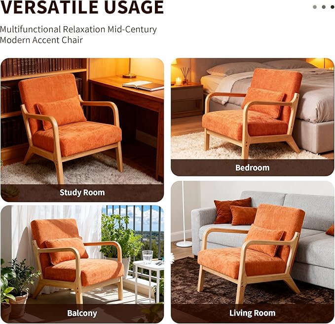 Mid Century Modern Accent ChairComfy Fabric Reading Chair with Retro Solid Wood Frame &amp High Back Upholstered Lounge Arm Side Chair for Living Room Bedroom Balcony (Linen/Orange)