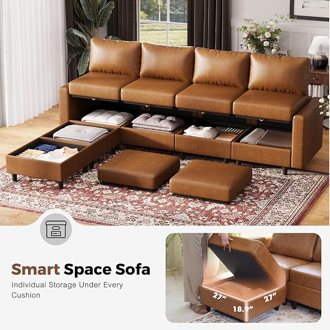 ABCASA 91.5 Faux Leather U Shaped Modular Sectional Sofa 5 Seater Couch with Movable Ottoman Deep Seat and Storage Seat with Removable Cover for Living Room Apartment - Brown