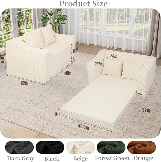 MeMoreCool Convertible Sofa Bed Pull Out Loveseat Sofa Sleeper Couch for Bedroom Living Room Lounge 2 in 1 Small Couch Bed with Pillow Foldable Love Seat Futon Corduroy Beige