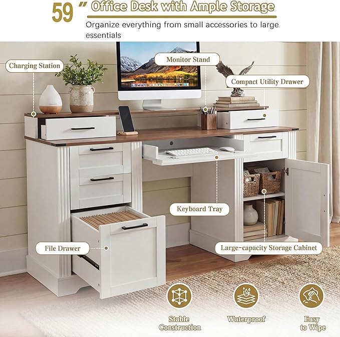 59 Farmhouse Executive Desk with Drawers Wooden Home Office Desk with File Storage Cabinet Computer Writing Desks with Keyboard Tray Charging Station and Monitor Stand for Work (White)