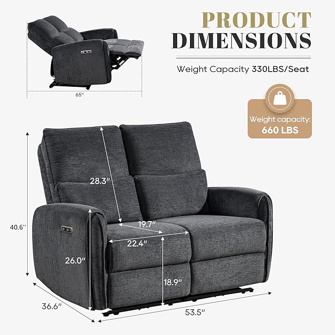 53.5 Zero Wall Hugger Power Reclining Loveseat Sofa with USB &amp Type-C Ports Electric Recliner Loveseat with Lumbar Pillows Small Space Wall Hugger Reclining Couch for Living Room &amp RV (Dark