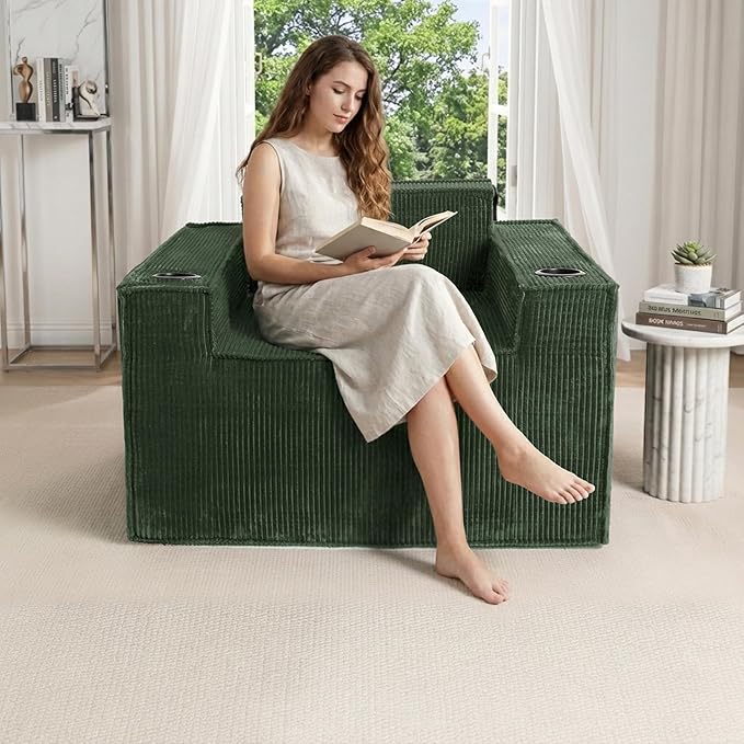 Cloud Single SofaChaise Lounge Chair with Cup Holder &amp Side PocketElevated Seat HeightNo Assembly RequiredBoneless Corduroy Chair for Small SpaceBedroomOffice (Green Single Sofa)