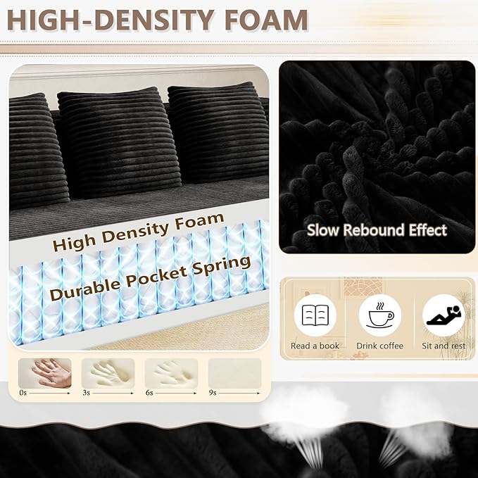 71 Cloud Corduroy Loveseat Couch in a Box Memory Foam Compressed Boneless Sofa with 3 Pillows &amp Side Pockets Couch for Living Room Bedroom Apartment No Assembly Required Black