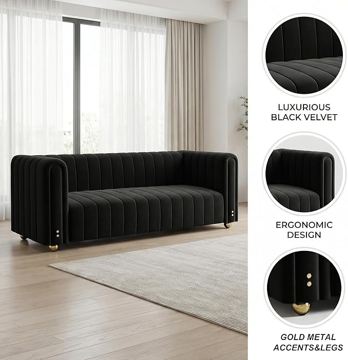 Modern Velvet Sofa SetMid-Century Accent Chair Loveseat Small Space Couch for Apartment Living Room Orange/Green/Black Velvet Upholstery High Back with Metal Legs Sofa (Black 3 Seater)