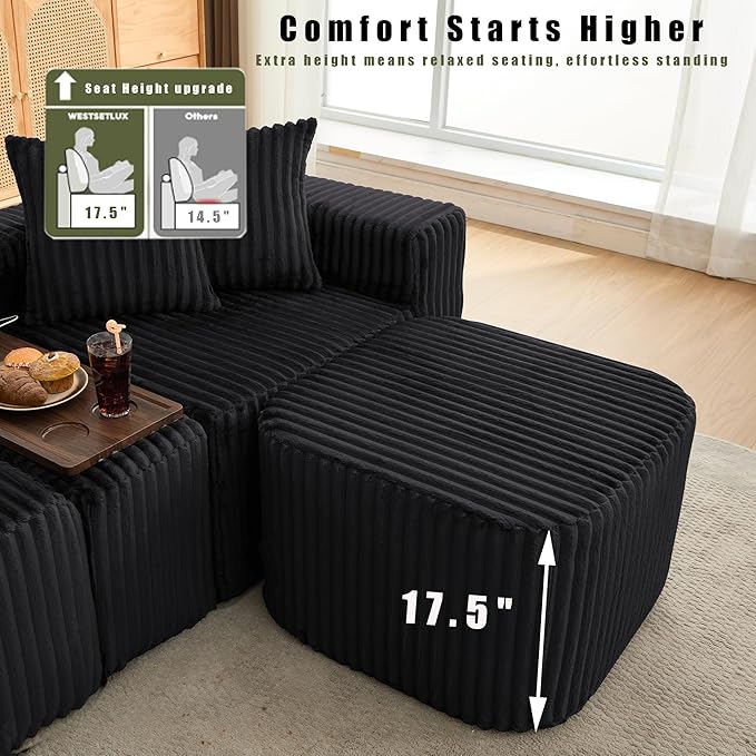 137.5 U Shaped Sofa Couch with USB Wireless Charge &amp Coffee Table Board with a Cup Holder 6 Seats Oversize Modular Corduroy Sectional SofaNo Assembly Black