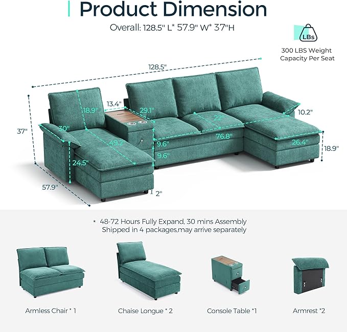 LINSY HOME U Shaped Modular Couches 128.5 Sectional Cloud Sofa with Versatile Console Chenille 4-Seat Sofa Set for Living Room Apartment Office Grey