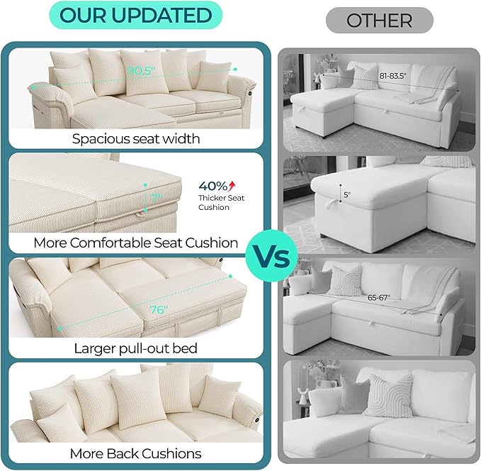 LINSY HOME 90.5'' Sectional Sleeper Sofa with Pull Out Couch Bed Modular (Beige 90.5'') | USB Charging Pillow-style Armrest Multiple Cushions Storage Chaise Corduroy Fabric