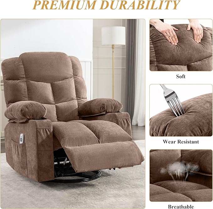 Oversized Massage Swivel Recliner Chair with Lumbar Heating for Living Room Rocker Recliner Single Sofa with Cup Holders and USB Charge Port Large Big Chair Recliners for Adult