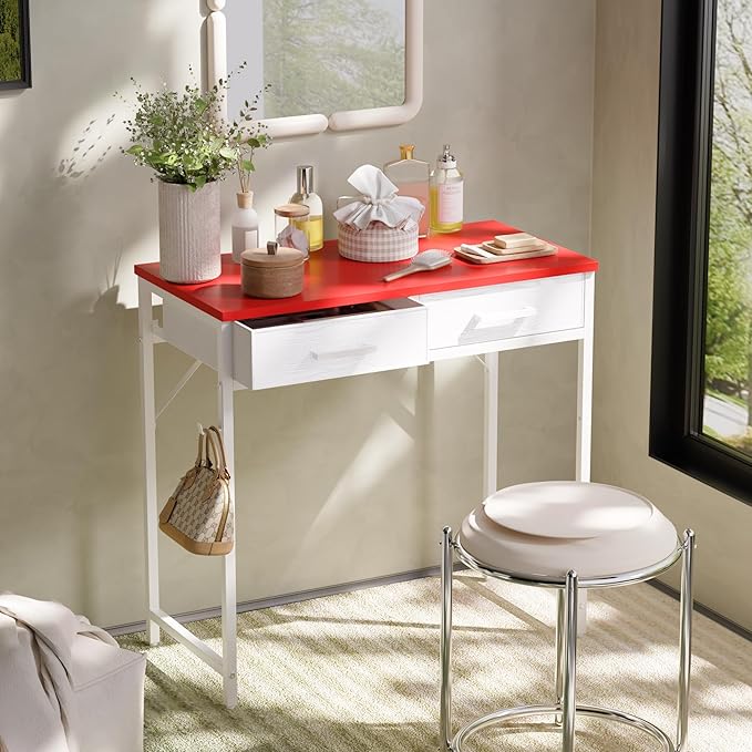 Pamray 32 Inch Small Computer Desk with 2 Drawers for Bedroom Study Writing Home Office Table for Small Spaces Red