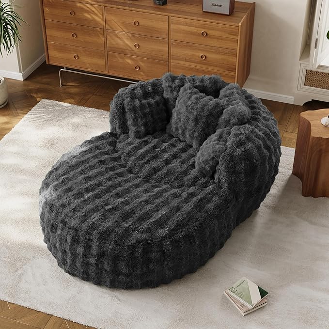 55 Oversized Chaise Lounge Indoor Round Reading Chair Lounge Chair with Ottoman Boneless Sofa Bed Large Fluffy Plush Faux Fur Chaise Chair for Living Room Playroom Bedroom Grey
