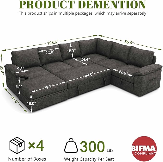 108 Inch Sectional Sleeper Sofa with Pull Out Bed U Shaped 7 Seat Modular Sectional Sofa with Storage Sectional Couches for Living Room Cloud Modular CouchRemovable Sofa Cover Dark Grey
