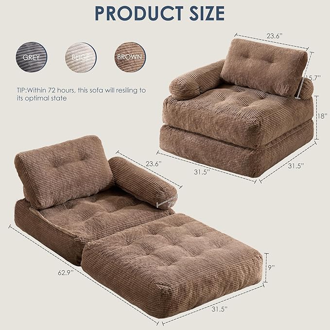 Folding Sofa Bed with ArmrestConvertible Sleeper Chair for Adults Folding Sofa Bed Foam Filling Couch with PillowSleeper Chairs Single Size Floor MattressBrown