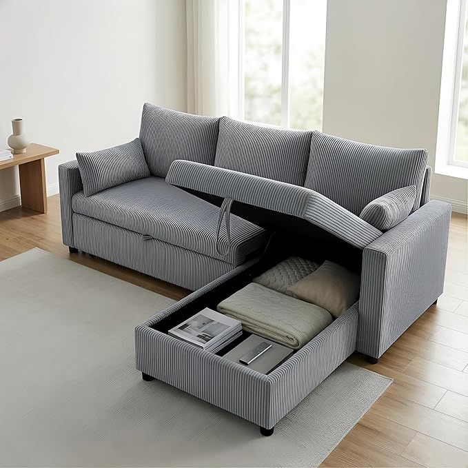 Queen Sleeper Sofa Convertible Sofa Bed with Storage 85 Inch Sectional Couch with Pull Out Bed L Shaped 3 Seat Sectional Sleeper Sofa for Living Room Apartment Grey