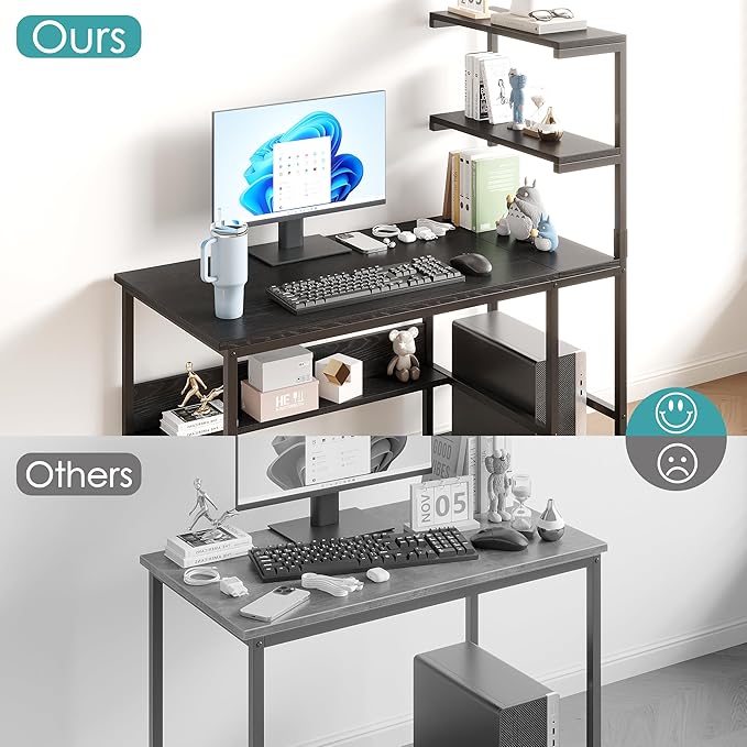 L-Shaped Computer Desk with 4-Tier Storage Shelves 43 inch Writing Desk with Bookshelf for Home Office Reversible Corner Gaming Desk for Bedroom Black (Black)