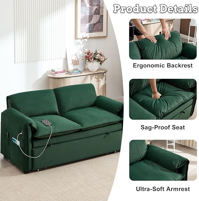 63 Velvet Pull Out Sofa Bed 3-in-1 Convertible Futon Loveseat Queen Sleeper Sofa Couch Bed with Adjustable Backrest USB Ports &amp Side Pockets Modern Sofas for Living Room Apartment Green