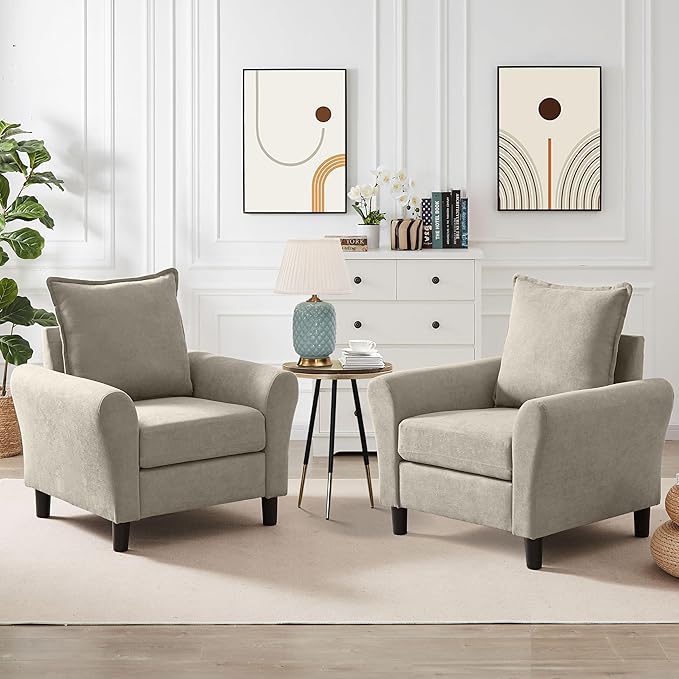 Mid-Century Accent Chairs Set of 2 Modern Linen Fabric Armchair with Soft Cushion Comfy Sofa Reading Chair Living Room Bedroom Furniture for Apartment Beige