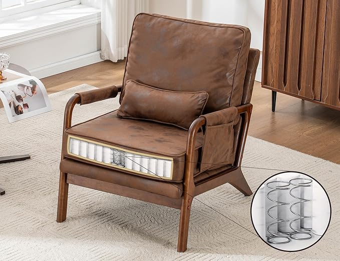 Mid Century Modern Accent Chair with Triangular Raising PadUpholstered Armchair with Solid Wood Frame &amp Soft Cushion for Living RoomBedroomBelconySunroomBrown