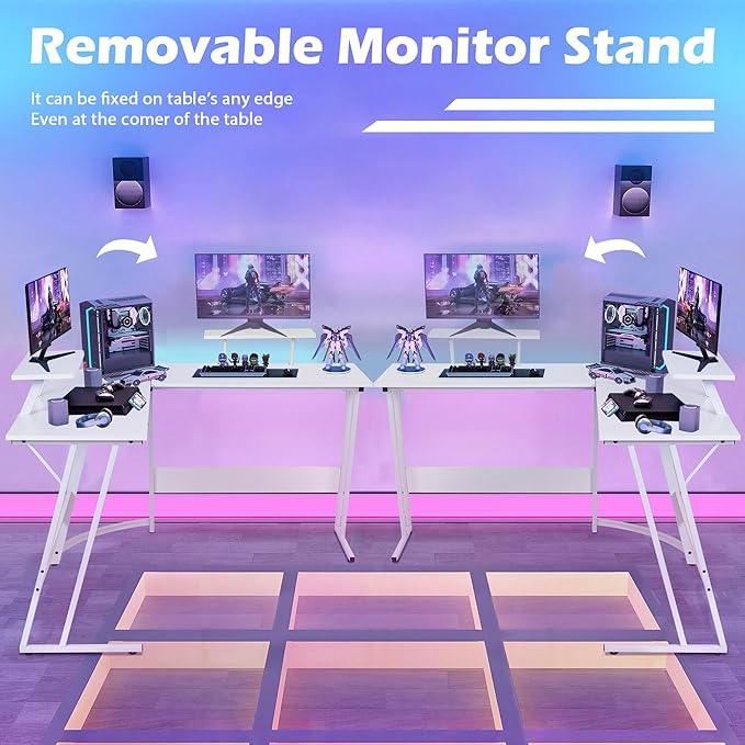 L Shaped Gaming Desk Modern Computer Desk Home Office Desks with Large Monitor Riser Stand Sturdy PC Desk for Bedroom Minimalist White 50Inch