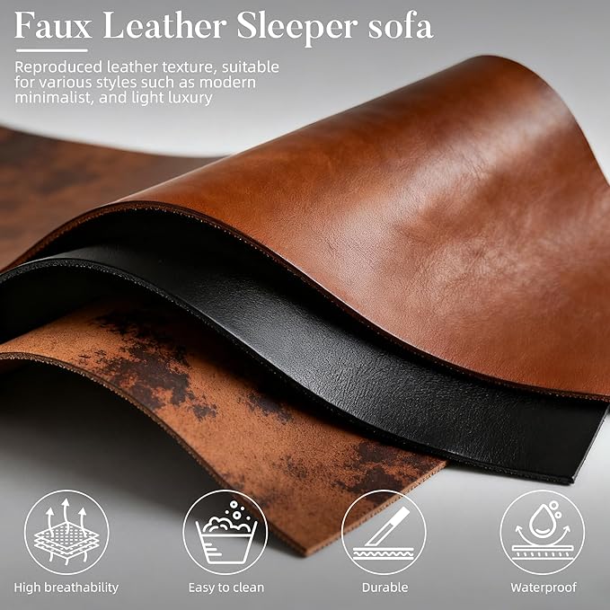 83 Mid Century Modern Futon Sofa Bed 3 Seater Faux Leather Couch with Adjustable Backrest Comfy Upholstered Sleeper Sofa for Living Room Apartment Home Office (Brown)